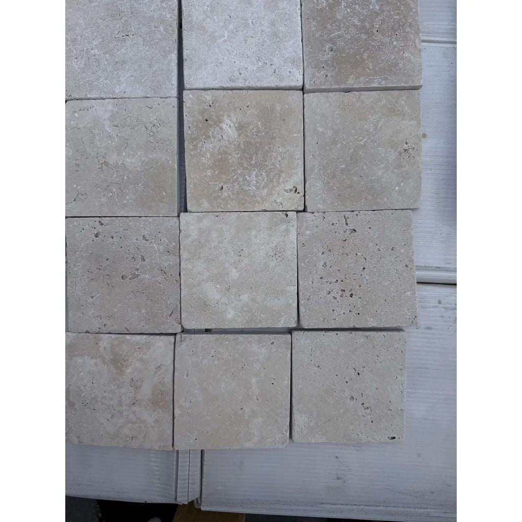 Square Ivory Light Travertine 4x4 Cross-Cut Tumbled Tiles for elegant flooring design