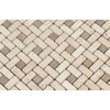 Herringbone pattern of Ivory Travertine tiles with Noce dots in a stylish mosaic design