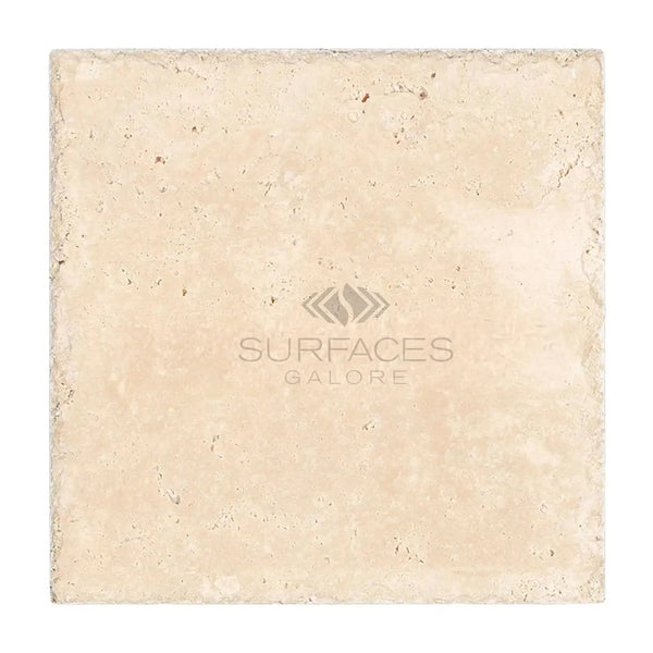 Square beige stone tile of Ivory Travertine 8X8 Cross-Cut Unfilled, Brushed and Chiseled