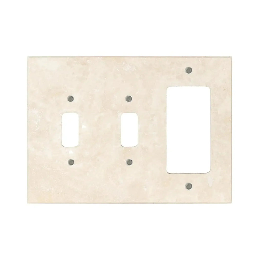 Light beige triple switch plate featured in Ivory Travertine Double Toggle Rocker Wall Plate