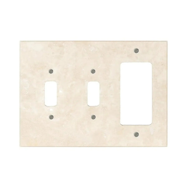Light beige triple switch plate featured in Ivory Travertine Double Toggle Rocker Wall Plate