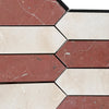 Arrow-shaped marble tile pattern in Ivory Travertine and Nero Marquina Mosaic