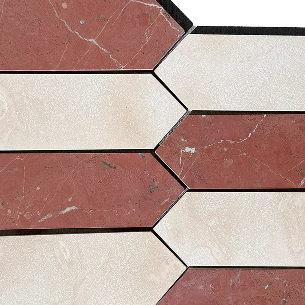 Arrow-shaped marble tile pattern in Ivory Travertine and Nero Marquina Mosaic