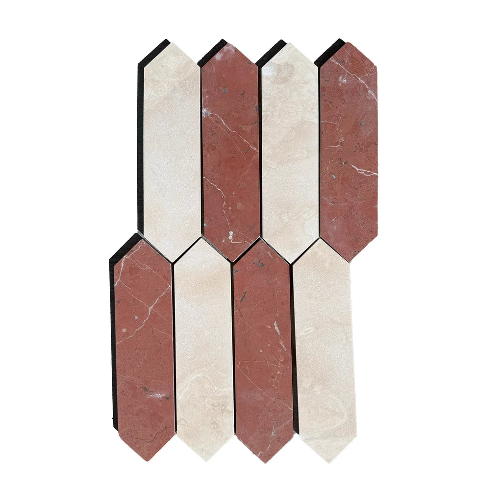 Alternating red and white marble tiles in Ivory Travertine and Nero Marquina Picket Mosaic