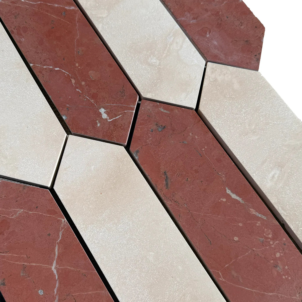 Alternating red and white marble tiles in Ivory Travertine and Nero Marquina Mosaic