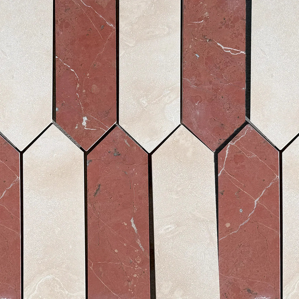 Alternating red and white marble tiles in Ivory Travertine and Nero Marquina Mosaic