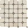 Ivory Travertine Octagon Mosaic Tile Sheet with Noce Dots in Tumbled Finish