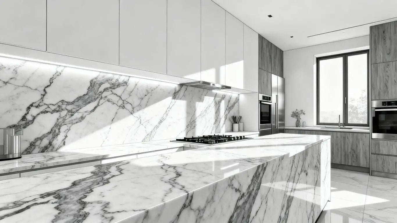 A kitchen with white marble countertops