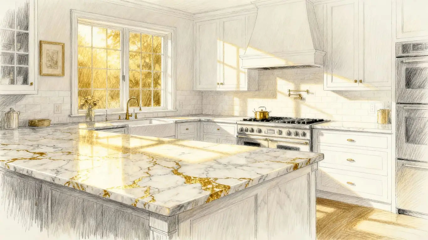 A bright and airy kitchen featuring gold-veined marble slabs
