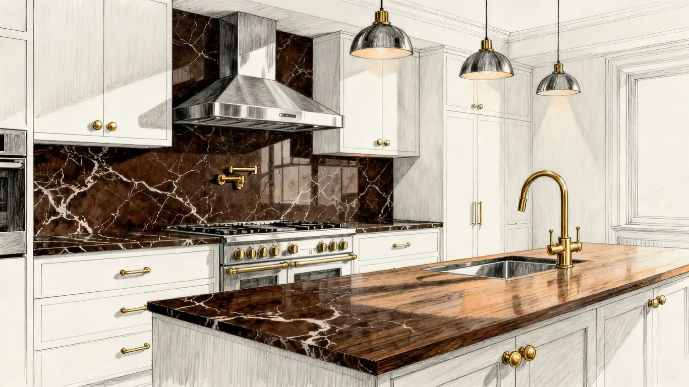 Elegant kitchen backsplash featuring rich dark marble tiles