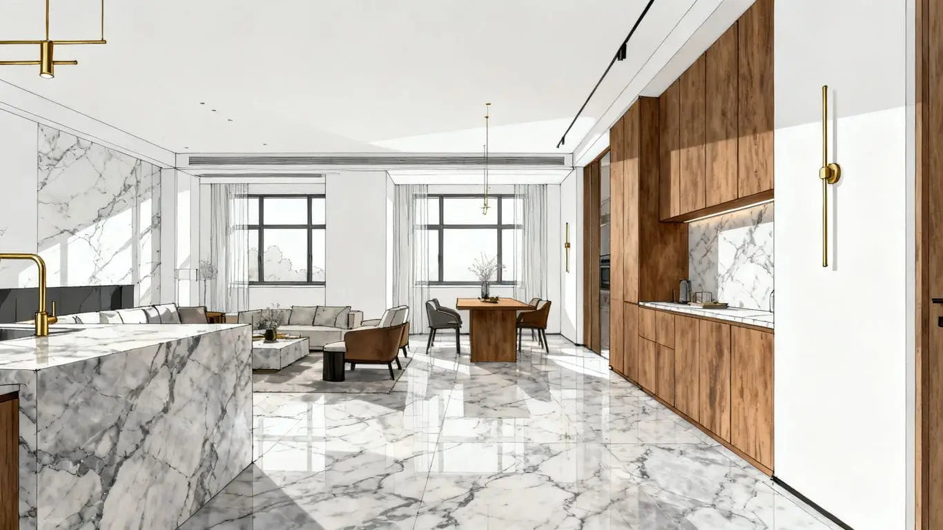 Illustrative Carrara marble interior with white tile and gray veining
