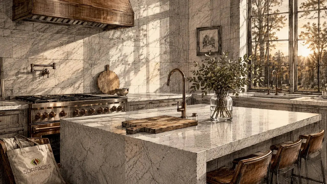 Elegant kitchen with honed stone tile floor and backsplash