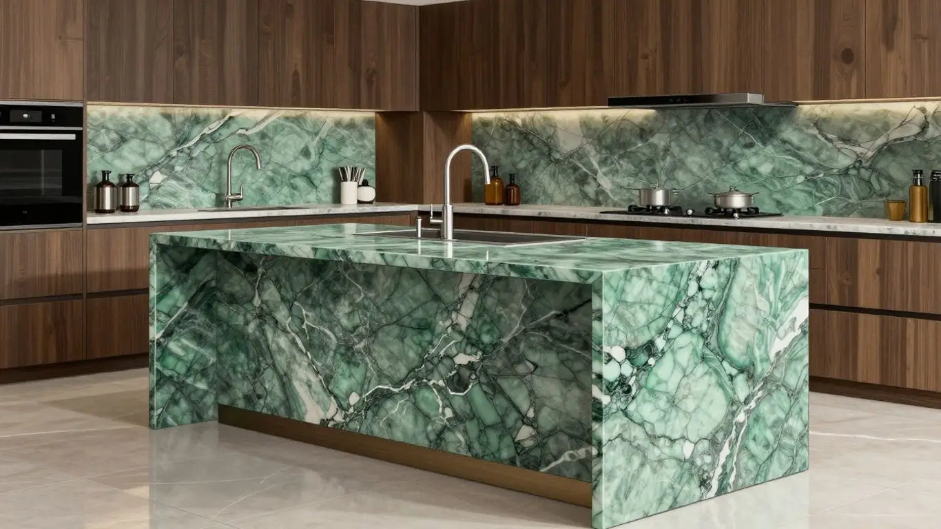 Kitchen with Ming green marble island and cabinetry.