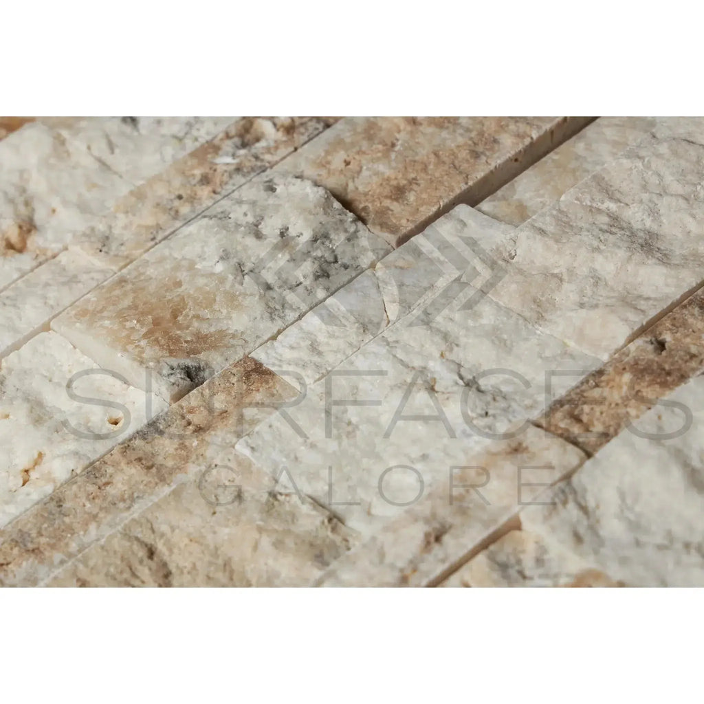 Textured stone mosaic tiles in La Travonya Travertine Ledger-Panel design