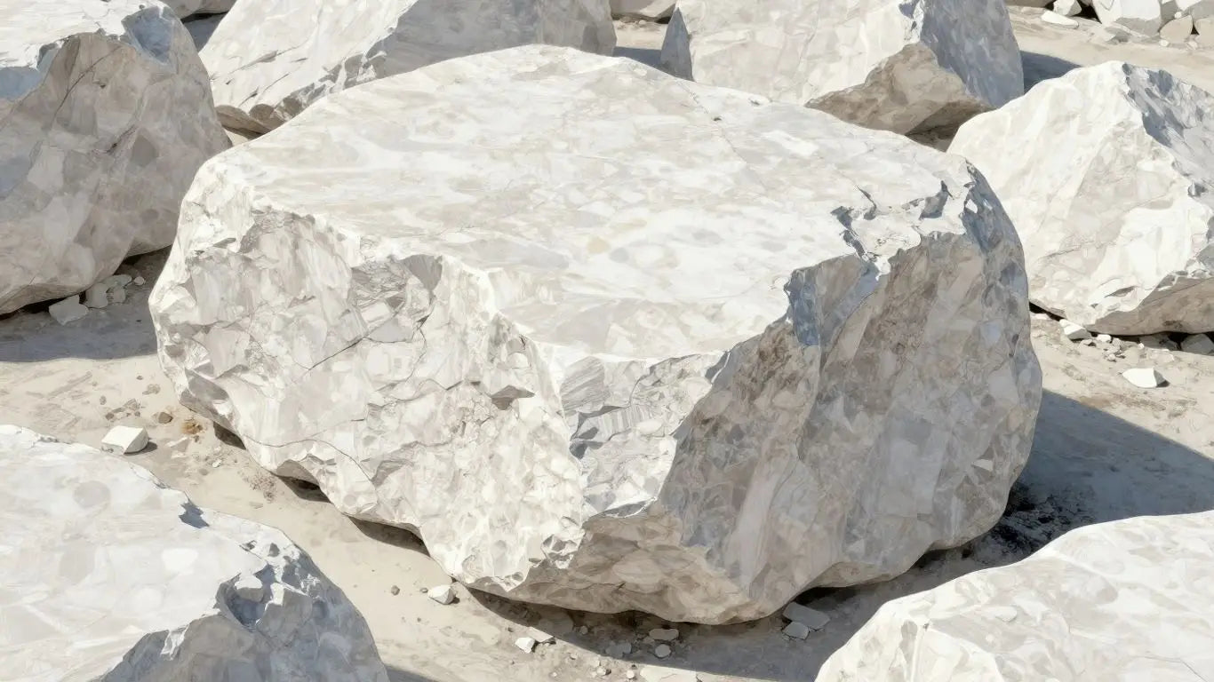 Rough white limestone blocks in a quarry sketch.