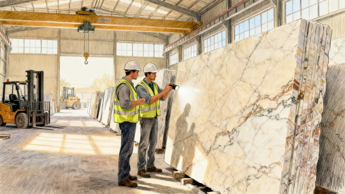 Professional warehouse staff inspecting imported stone slabs before delivery