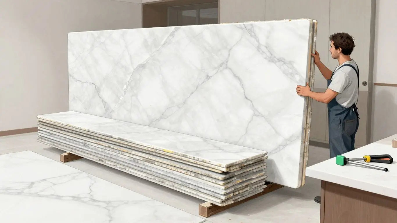 Homeowner selecting marble slab for installation.