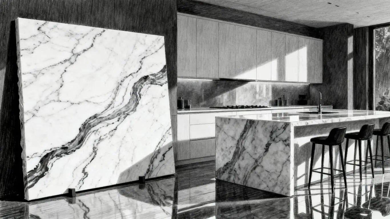 Statuary White marble slab with sweeping gray veins