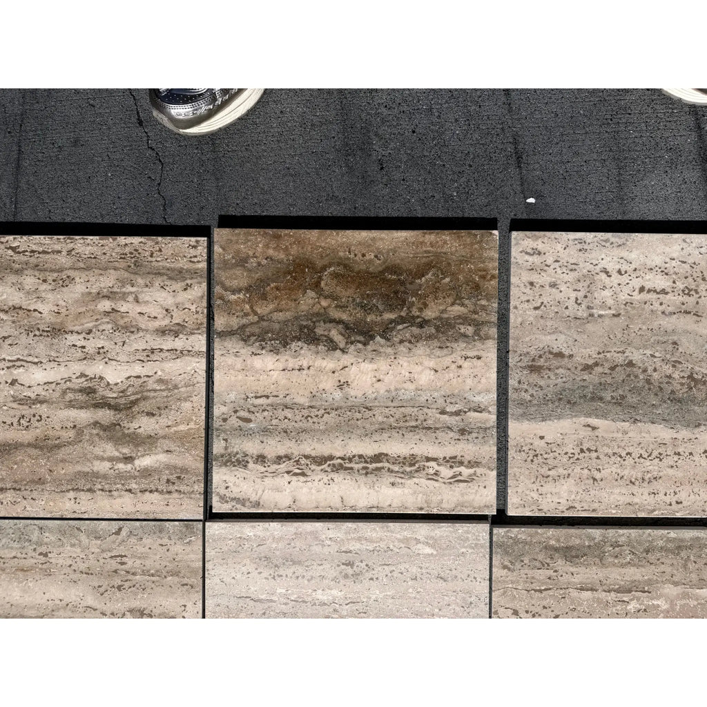 Legno D’Argento Striato Roman Silver Travertine 12x12 vein-cut tile with gray beige veining