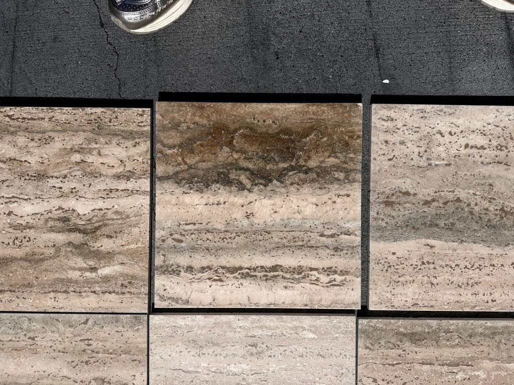 Legno D’Argento Striato Roman Silver Travertine 12x12 vein-cut tile with gray beige veining