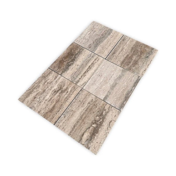 Six Legno D’Argento Striato Roman Silver Travertine 12x12 vein-cut tiles in gray beige