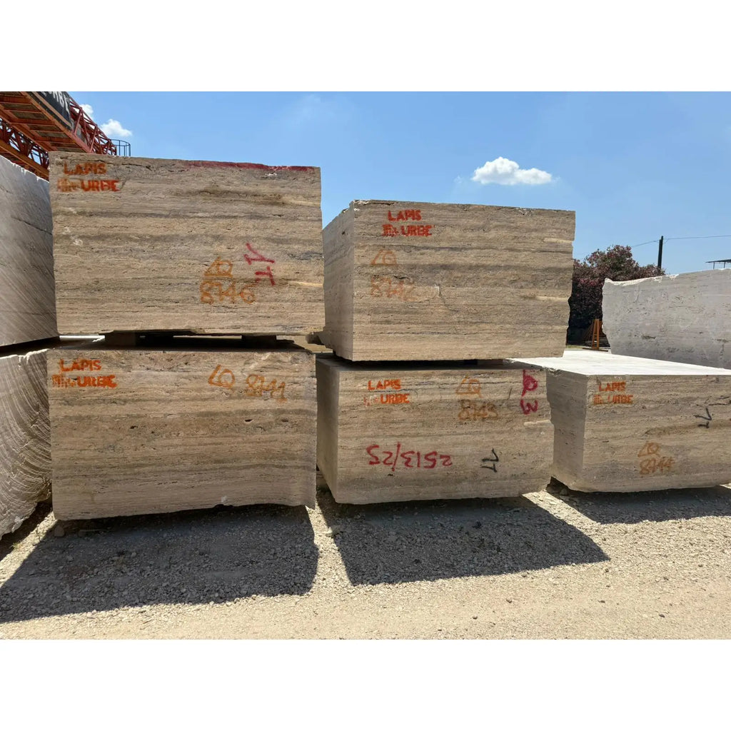 Legno D’Argento Striato Roman Silver Travertine 12x12 vein-cut tile with lapis lazuli stripes