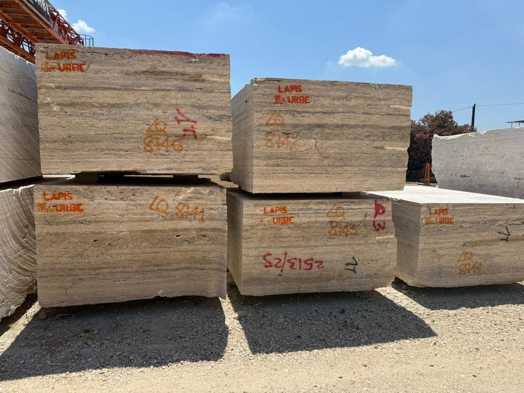 Legno D’Argento Striato Roman Silver Travertine 12x12 vein-cut tile with lapis lazuli stripes