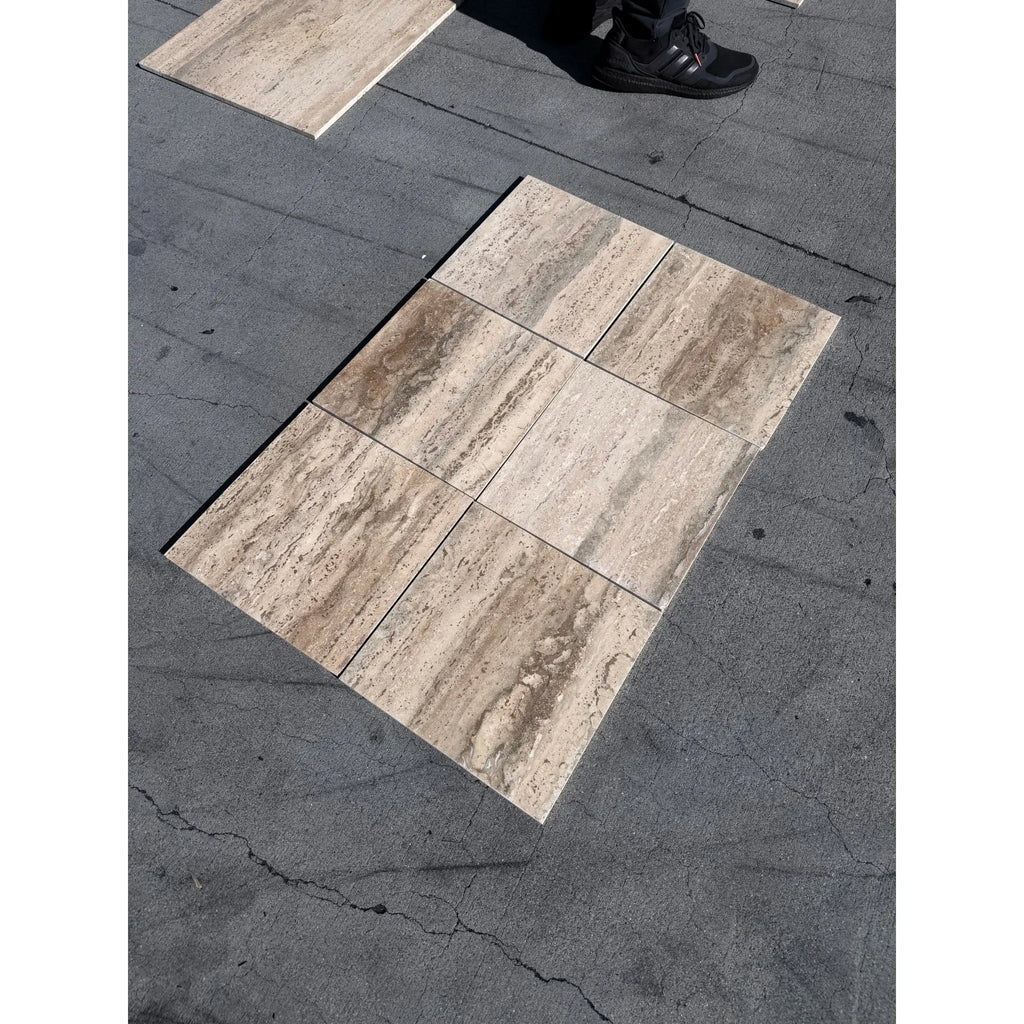 Beige and brown Legno D’Argento Striato Roman Silver Travertine 12x12 vein-cut tile