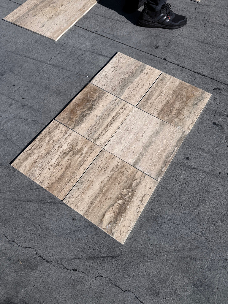 Beige and brown Legno D’Argento Striato Roman Silver Travertine 12x12 vein-cut tile