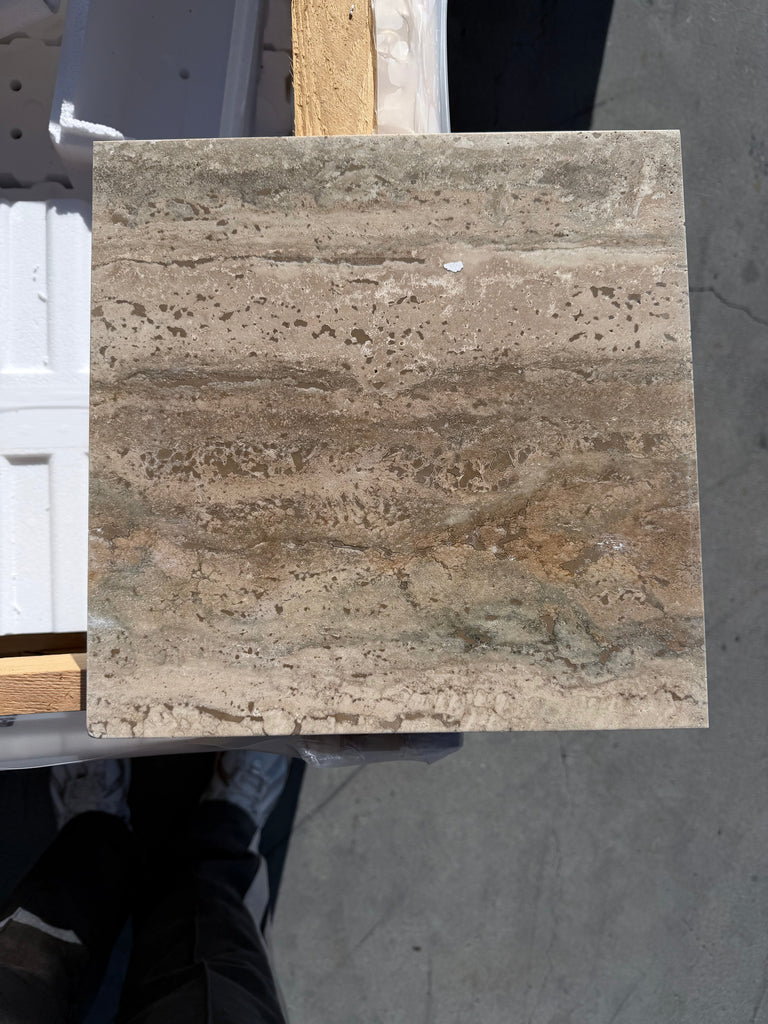 Square Legno D’Argento Striato beige and brown travertine tile with natural veining