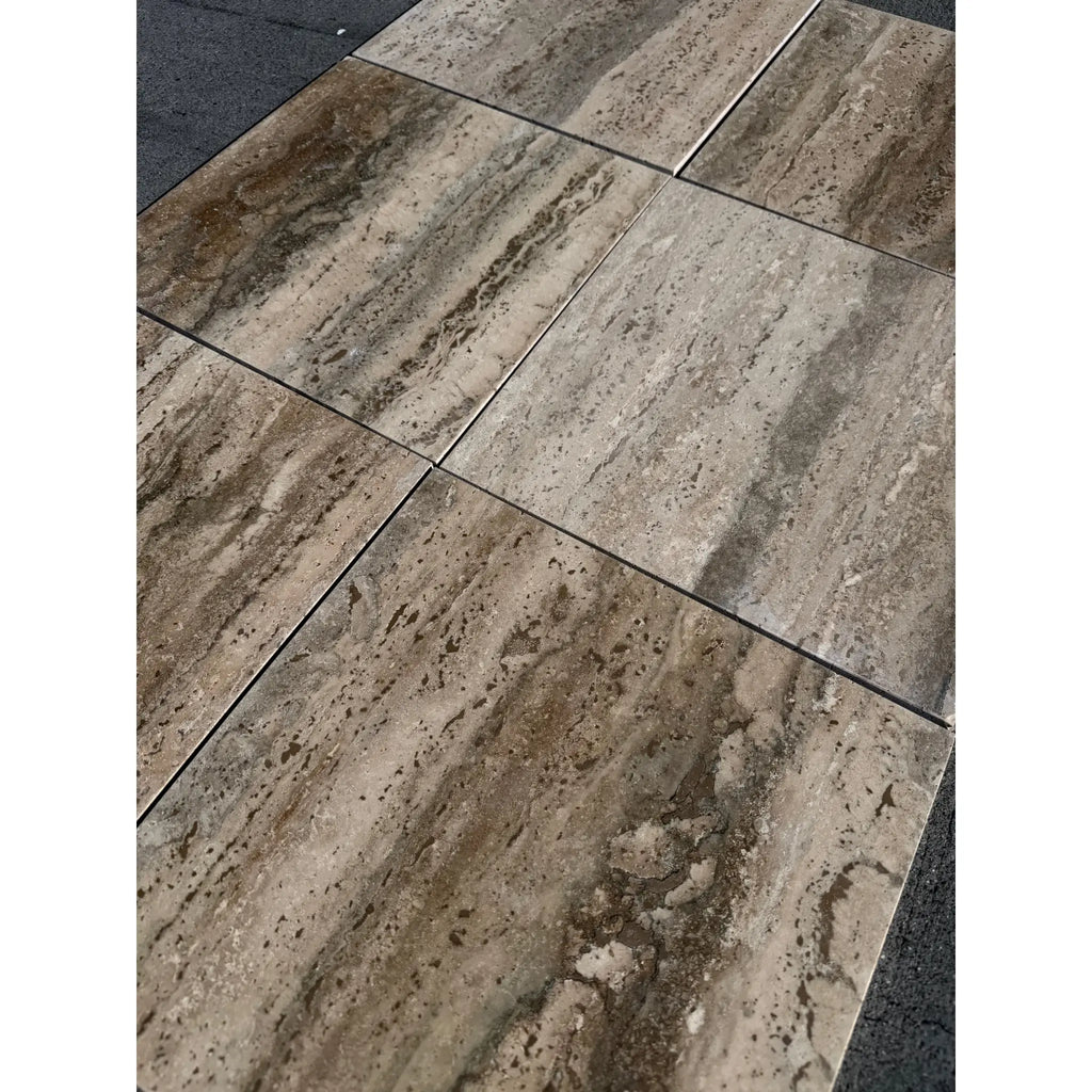 Gray beige Legno D’Argento Striato travertine 12x12 vein-cut tiles