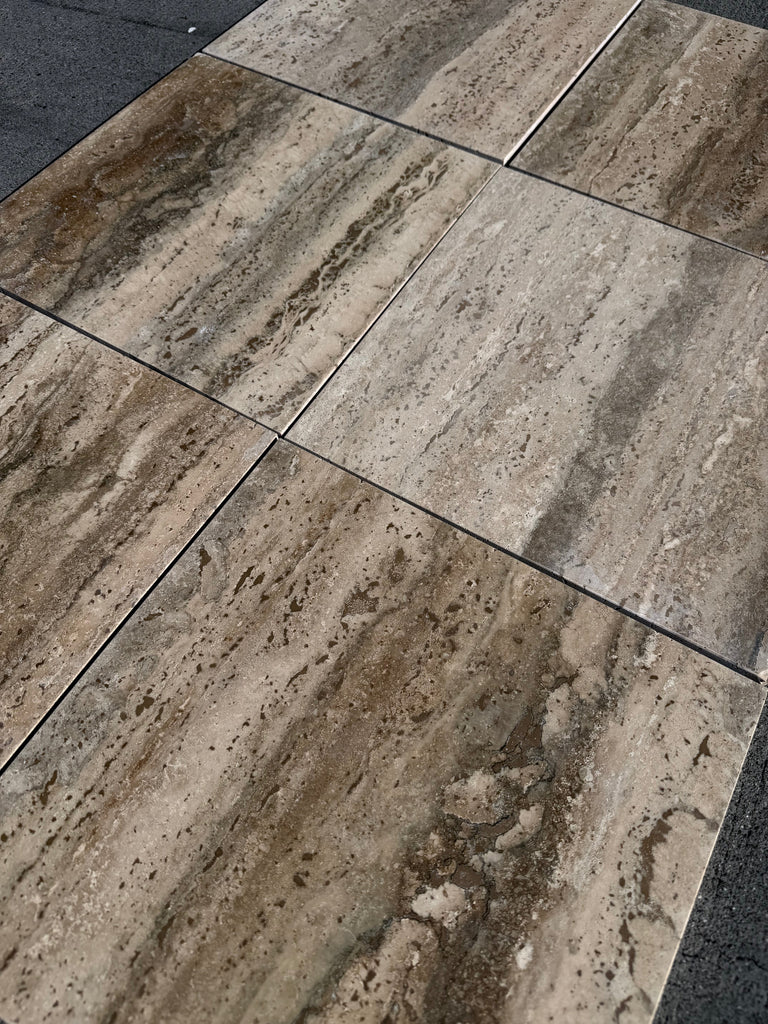 Gray beige Legno D’Argento Striato travertine 12x12 vein-cut tiles