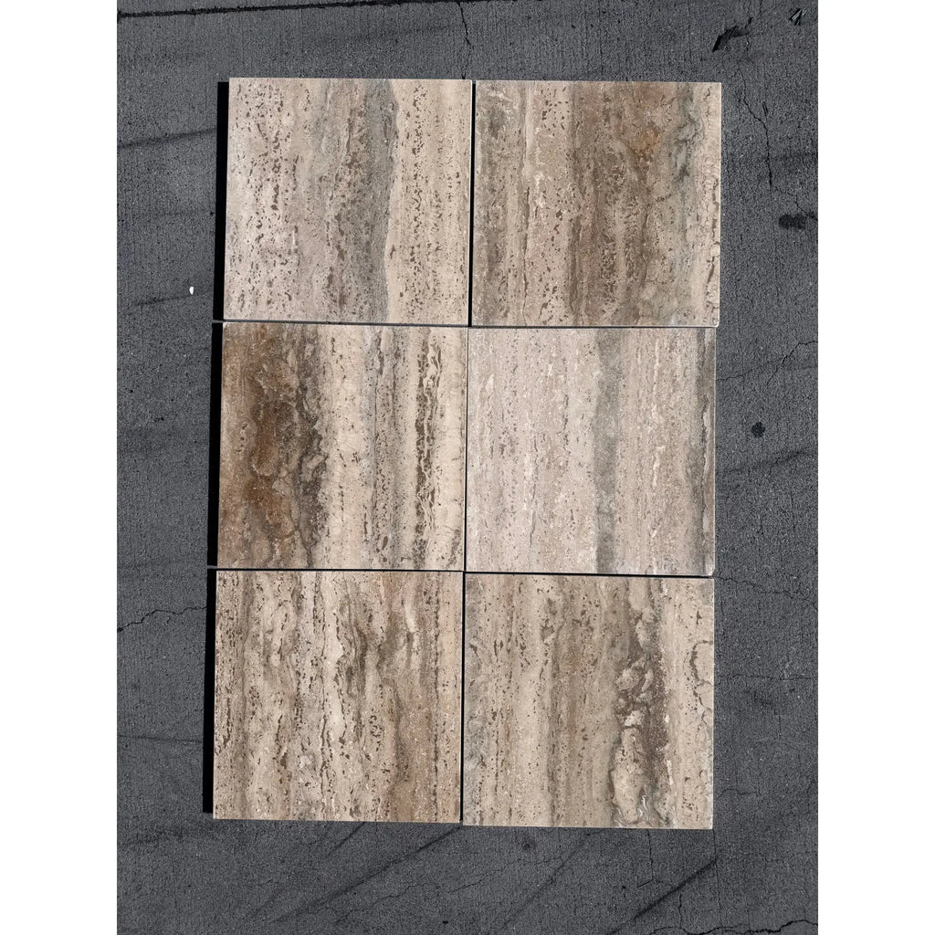 Six beige and brown Roman Silver Travertine 12x12 vein-cut tiles in grid