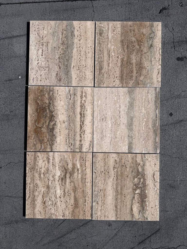 Six beige and brown Roman Silver Travertine 12x12 vein-cut tiles in grid