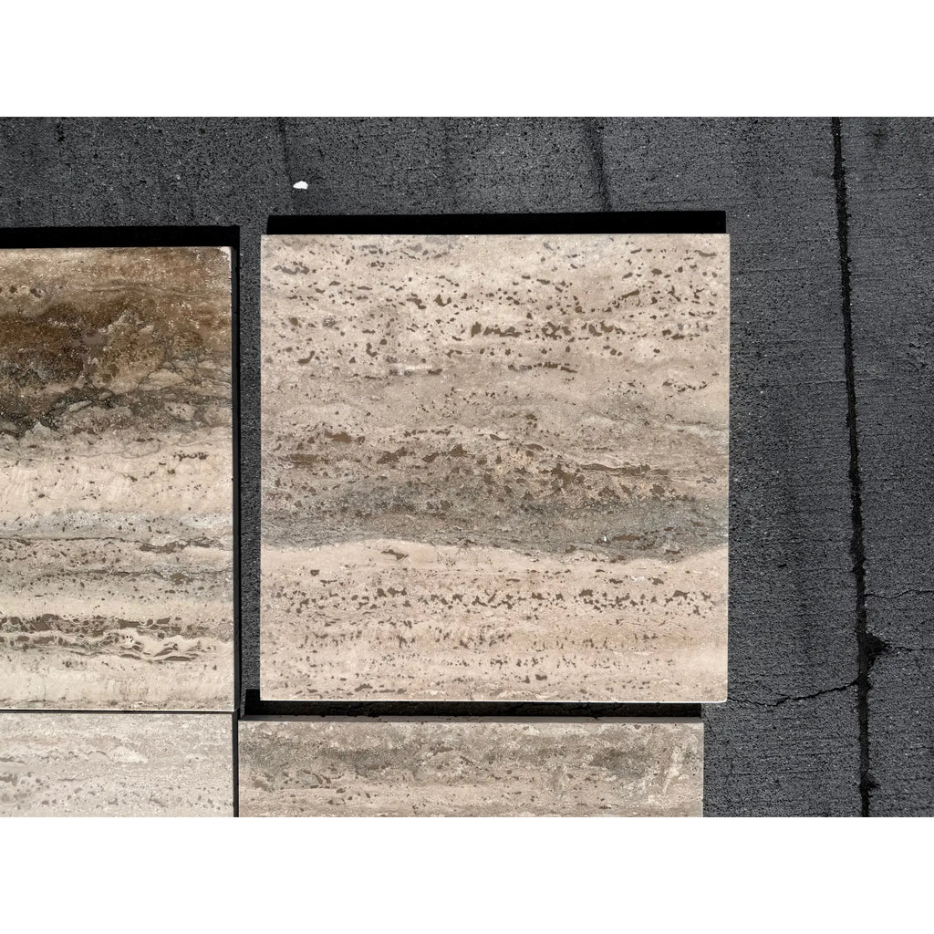 Legno D’Argento Striato Roman Silver Travertine 12x12 vein-cut tile with beige gray veining