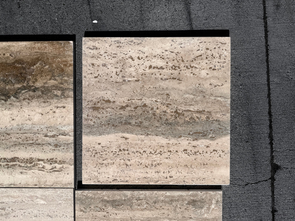 Legno D’Argento Striato Roman Silver Travertine 12x12 vein-cut tile with beige gray veining
