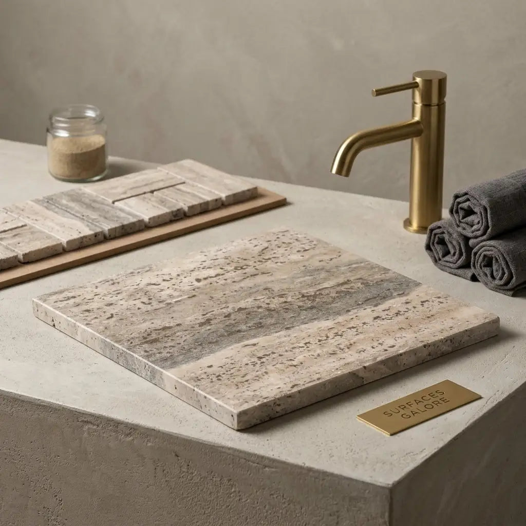 Beige and gray veined Roman silver travertine stone sink with matte finish featured in Legno D’Argento Striato vein-cut tile