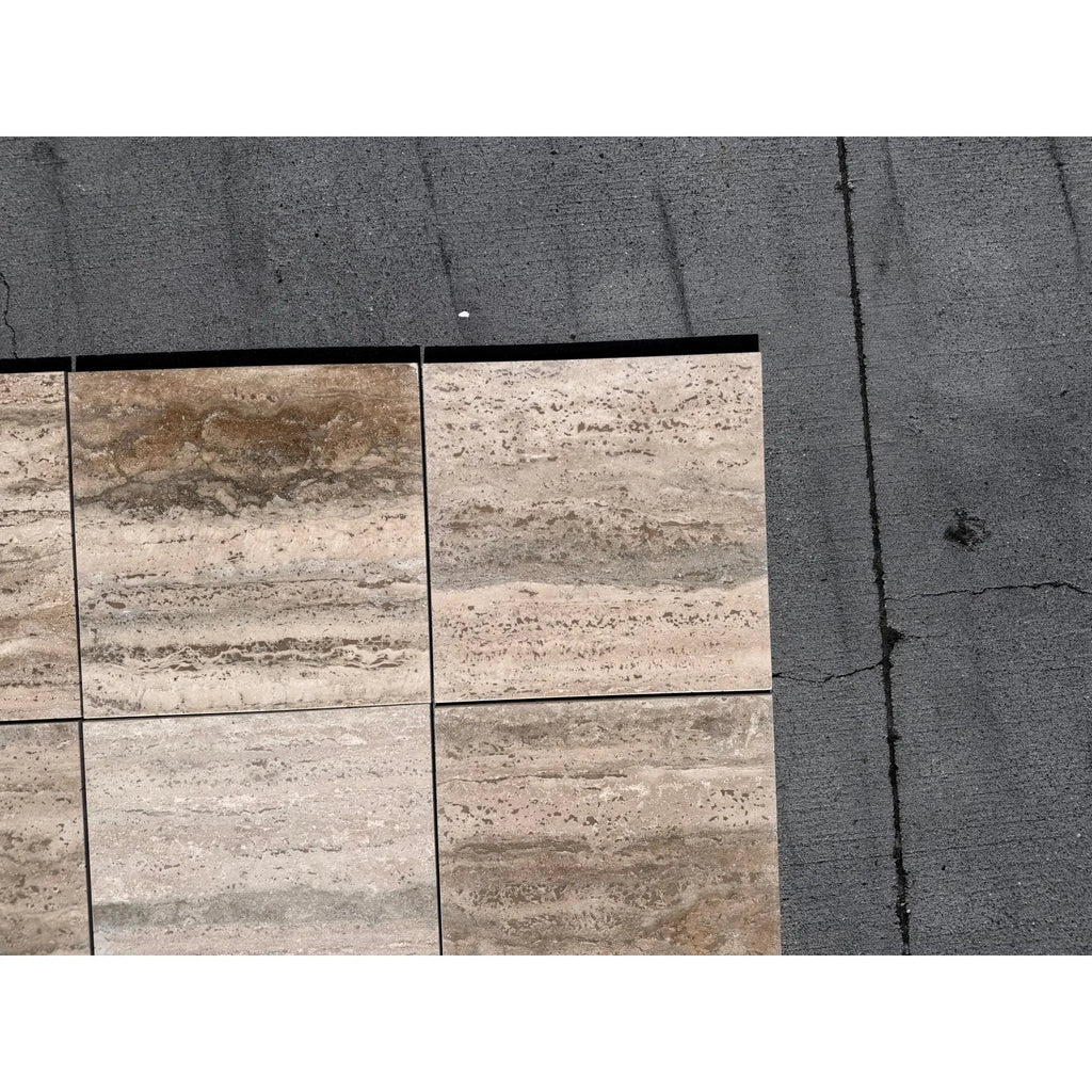 Beige and brown veined Roman Silver Travertine 12x12 vein-cut tile