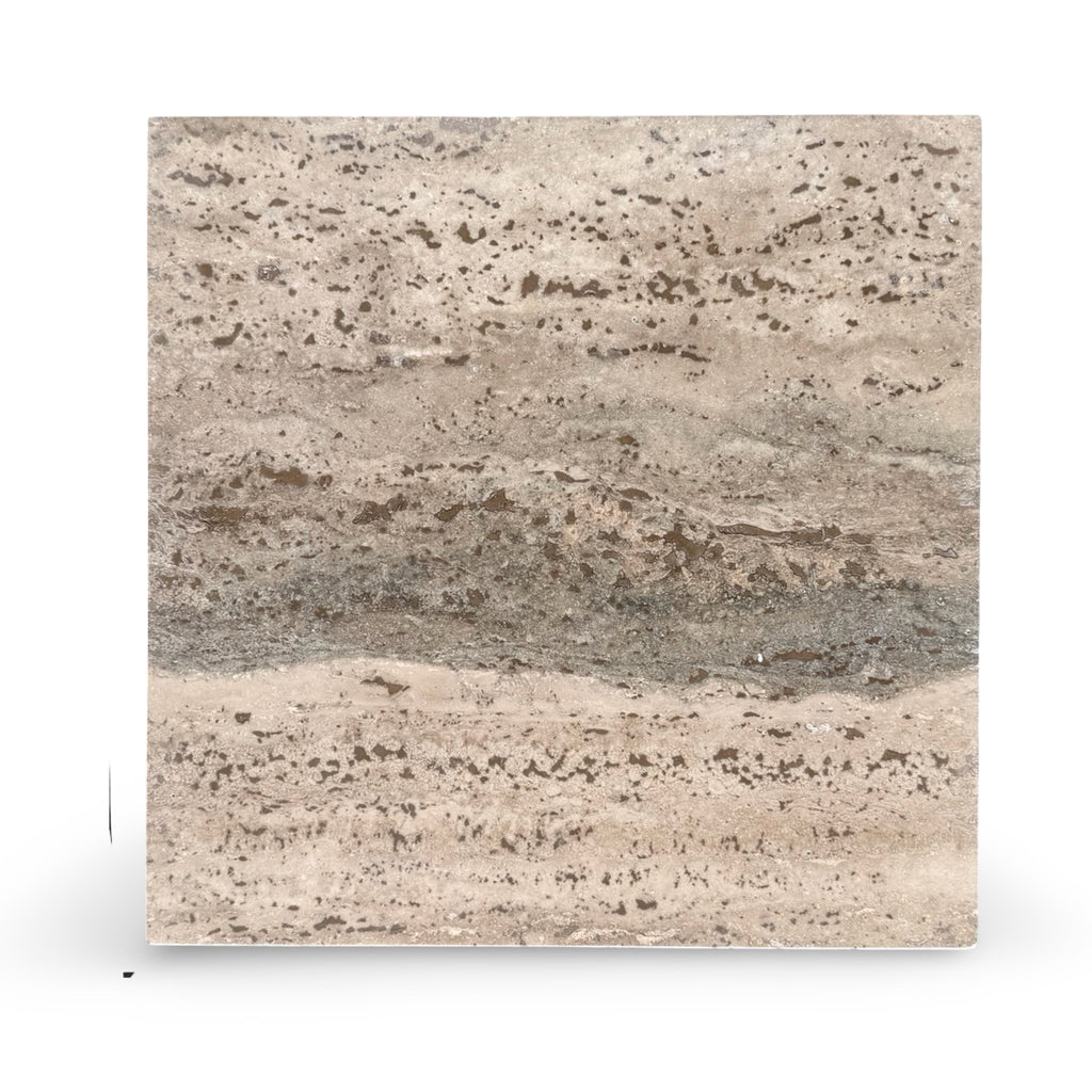Legno D’Argento Striato Roman Silver Travertine 12x12 vein-cut tile with beige gray veining