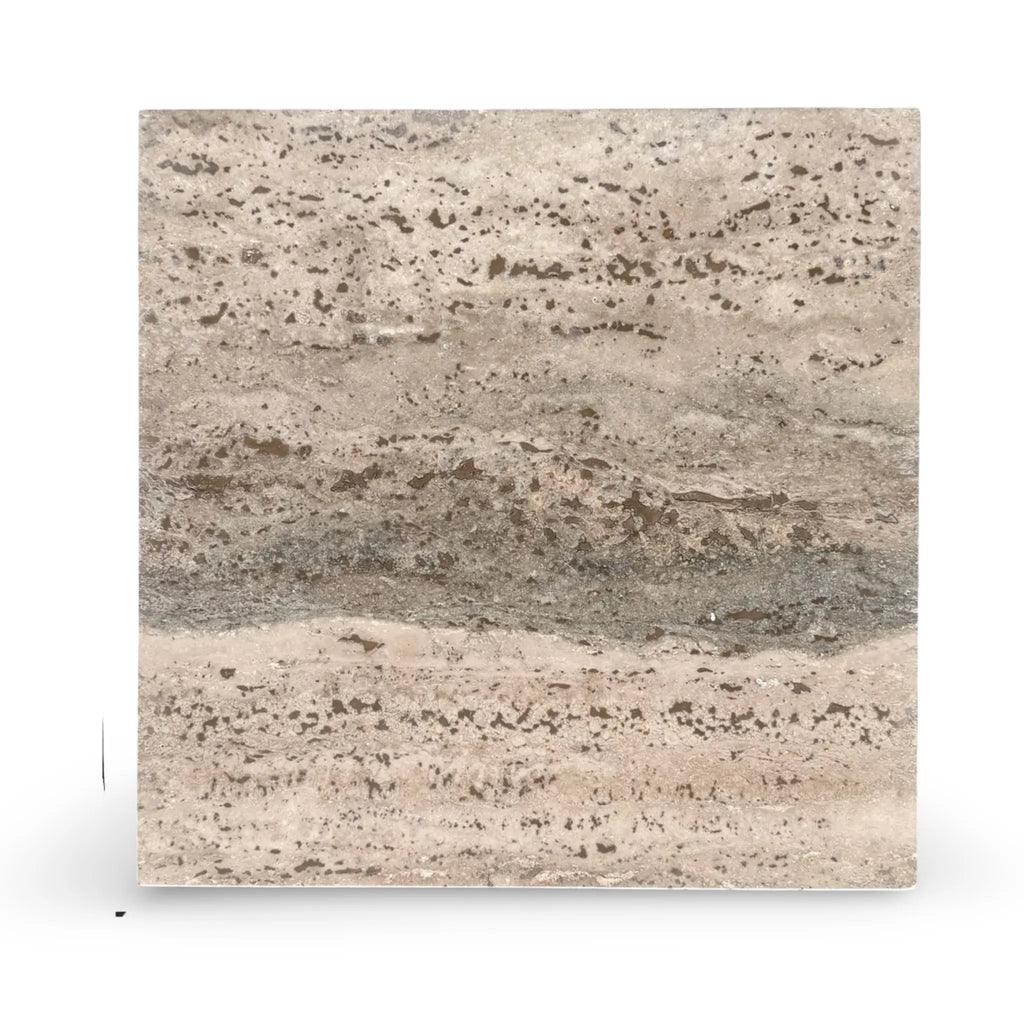 Legno D’Argento Striato Roman Silver Travertine 12x12 vein-cut tile with beige gray veining