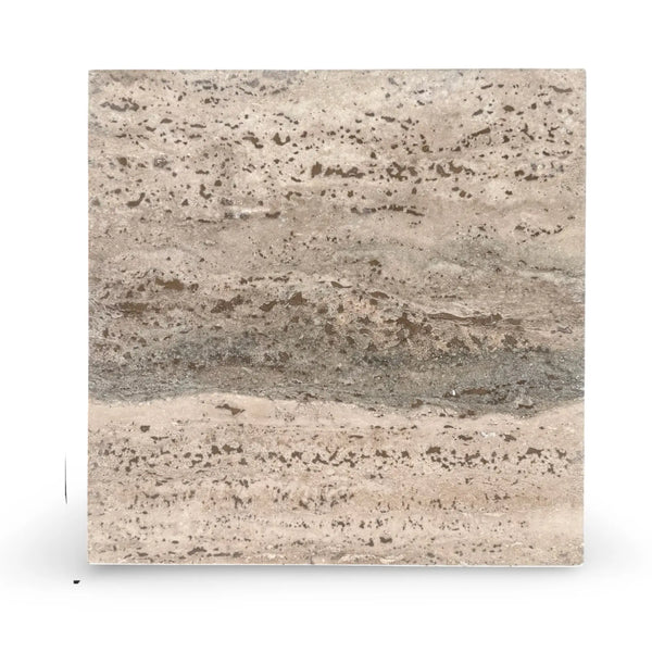 Legno D’Argento Striato Roman Silver Travertine 12x12 vein-cut tile with beige gray veining