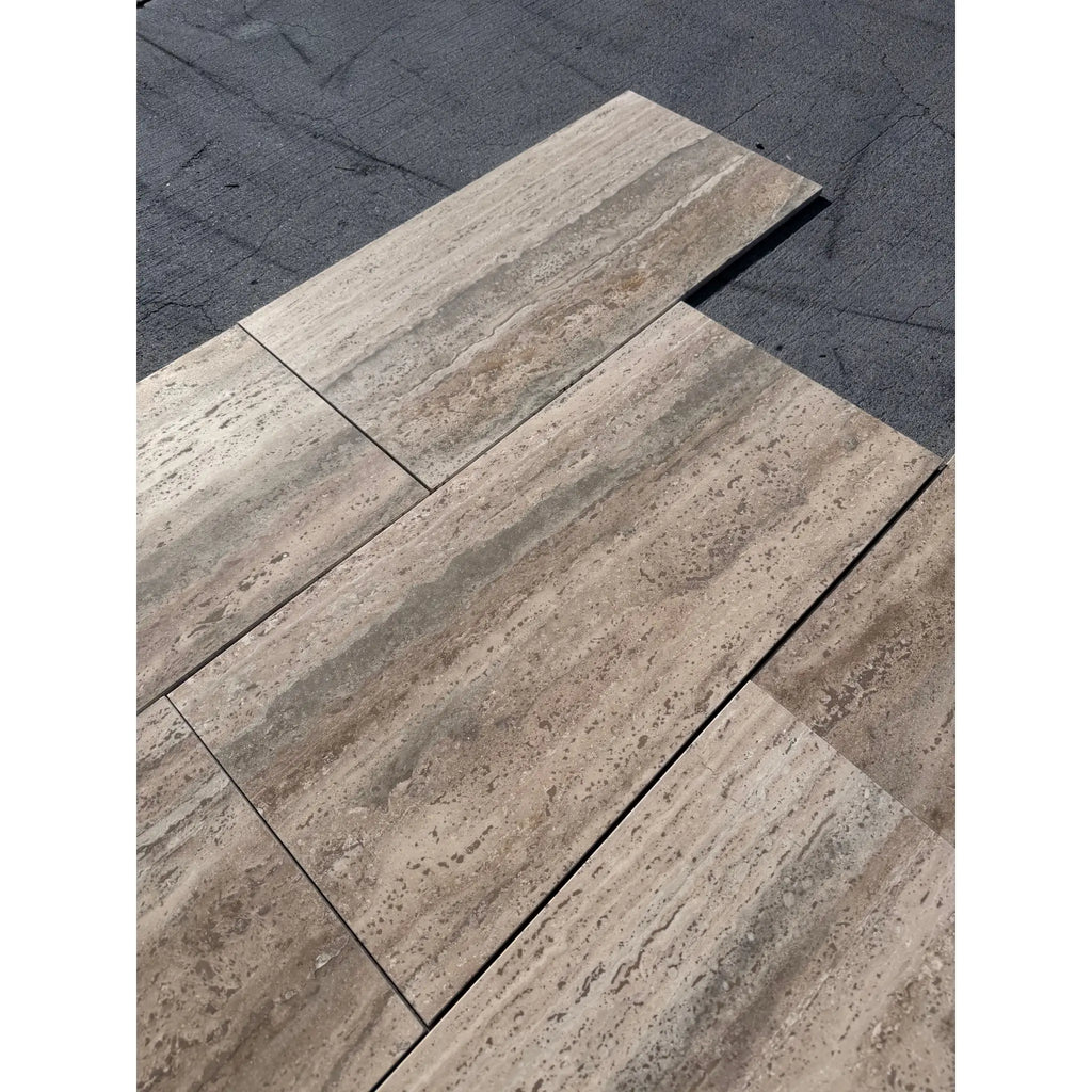 Legno D’Argento Striato beige gray travertine 12x24 vein-cut tile