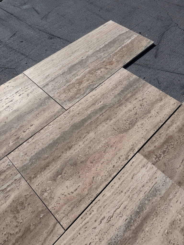 Legno D’Argento Striato beige gray travertine 12x24 vein-cut tile