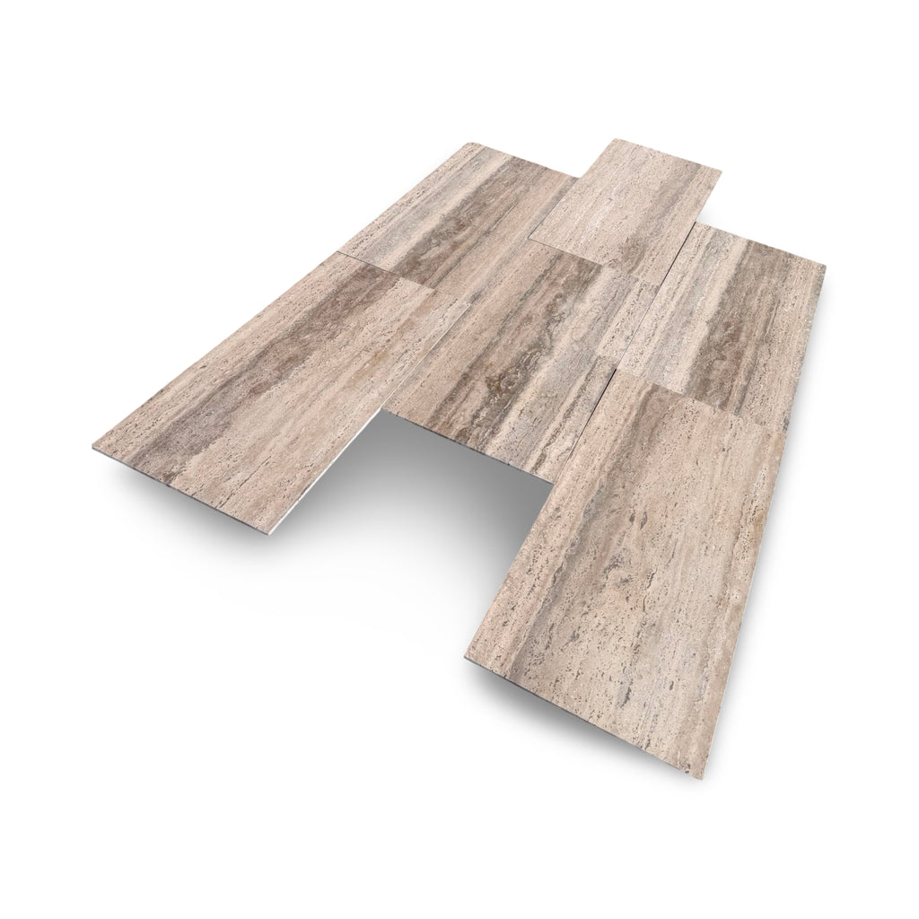 Grayish-brown Legno D’Argento Striato faux wood tiles with natural grain