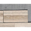 Beige and tan striped Legno D’Argento Striato travertine 12x24 tile