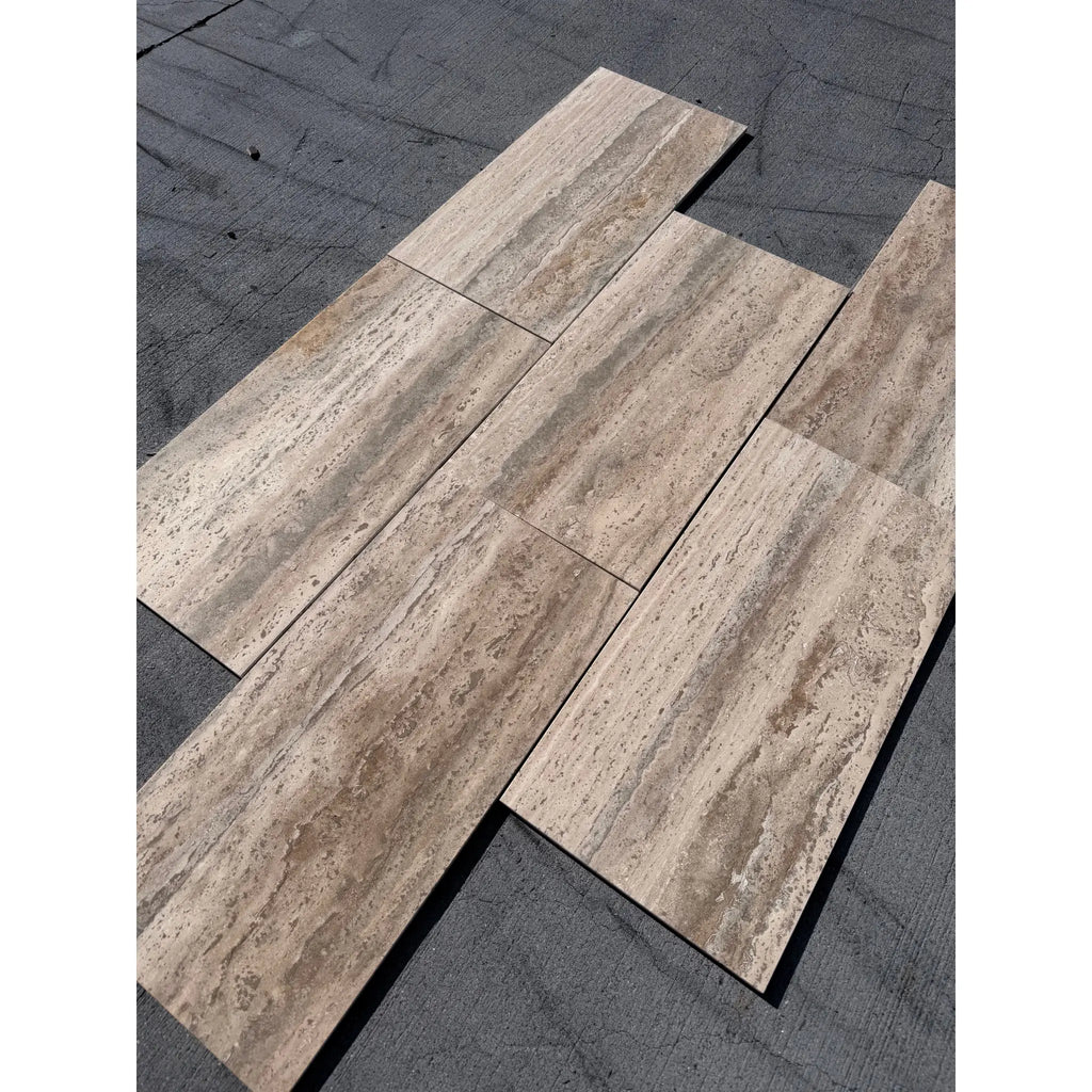 Beige and tan Roman Silver Travertine 12x24 vein-cut stone tiles