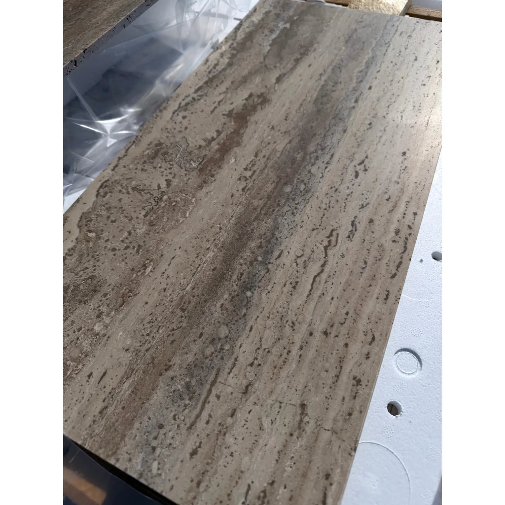 Legno D’Argento Striato Roman Silver Travertine 12X24 vein-cut tile slab