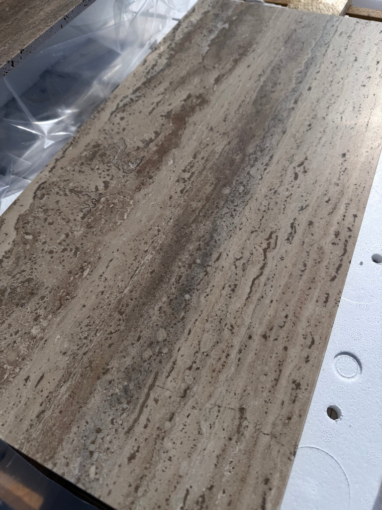 Legno D’Argento Striato Roman Silver Travertine 12X24 vein-cut tile slab