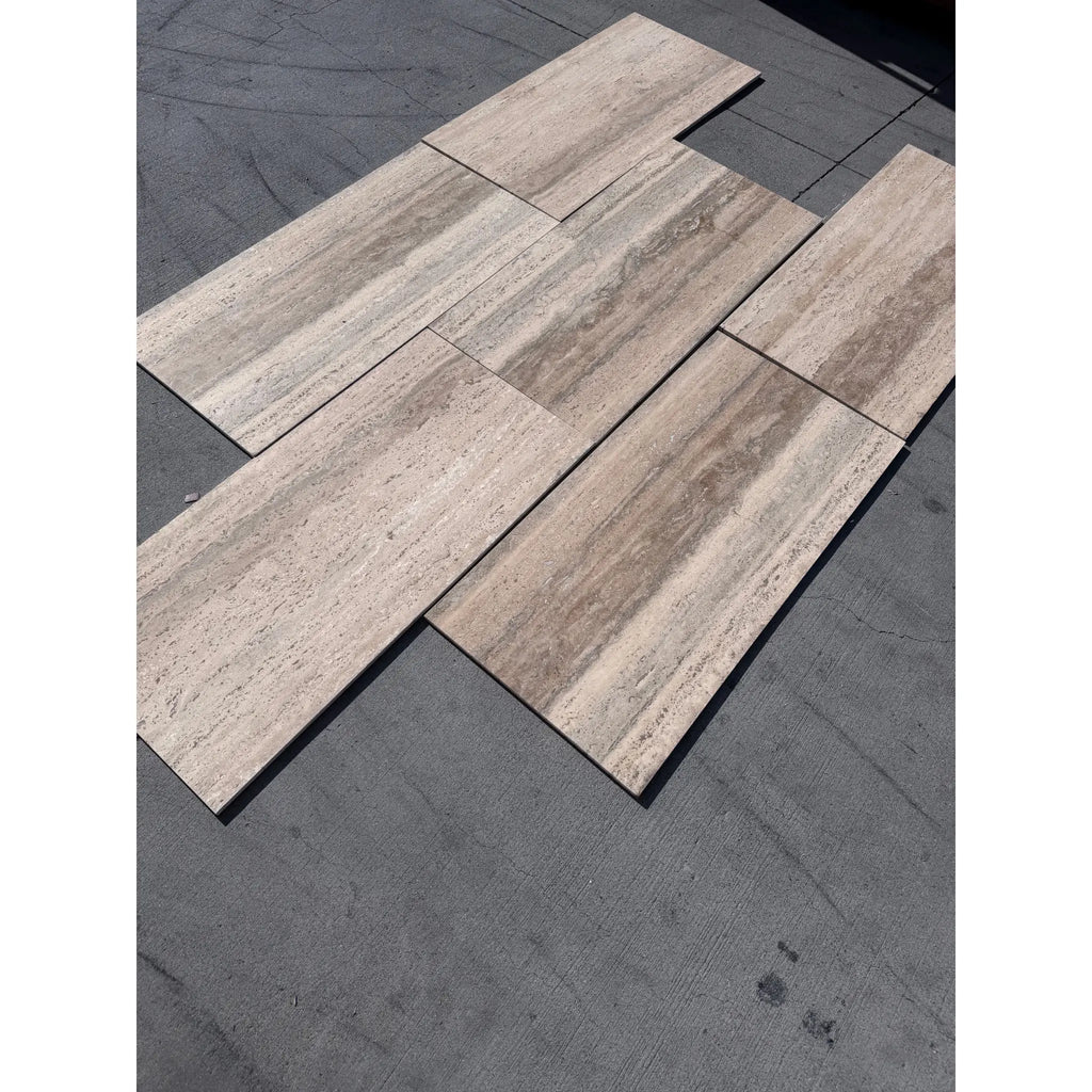 Legno D’Argento Striato Roman Silver Travertine 12x24 vein-cut tile with beige tan stone and wood grain