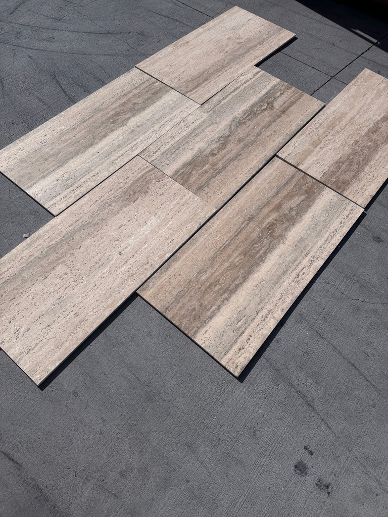 Legno D’Argento Striato Roman Silver Travertine 12x24 vein-cut tile with beige tan stone and wood grain